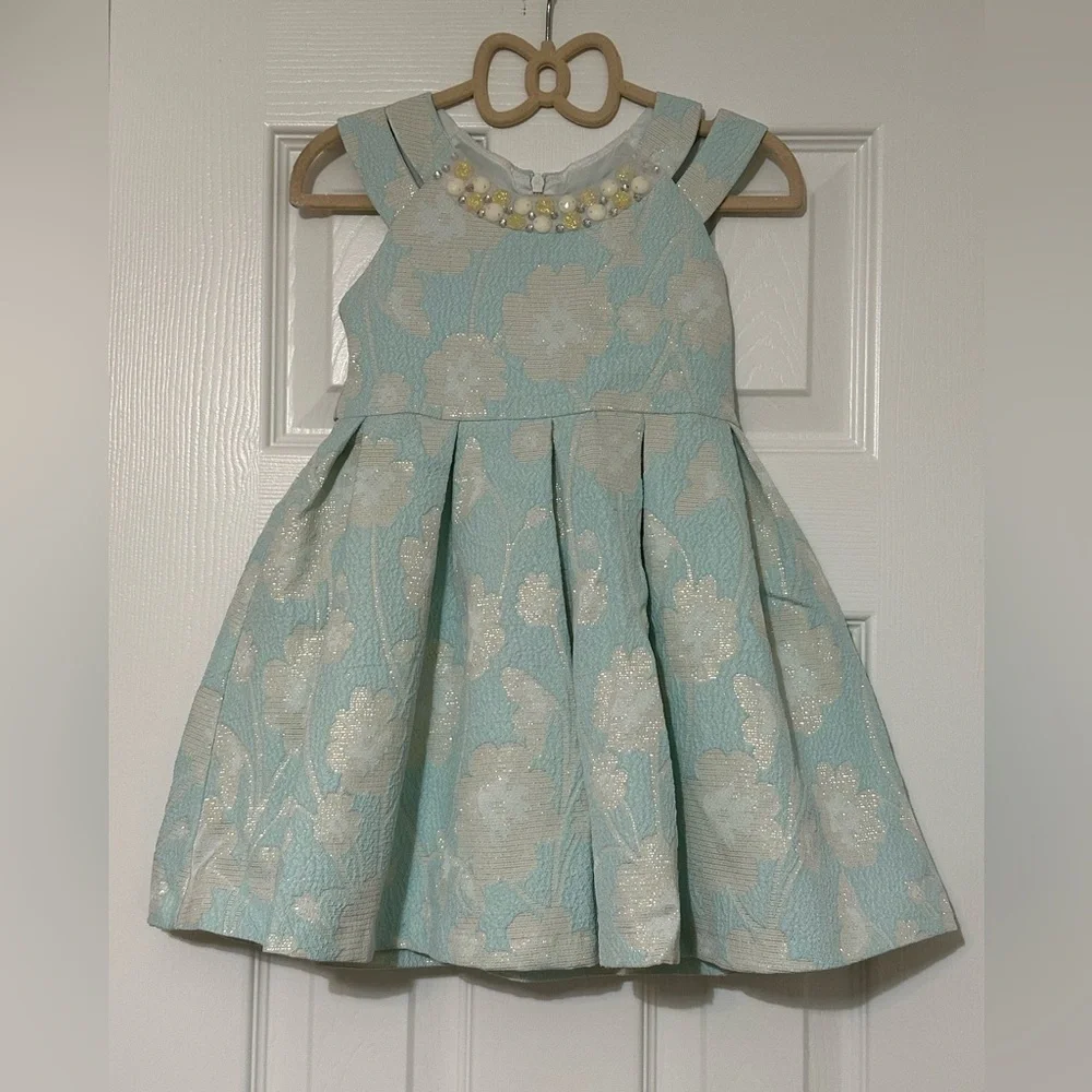 Bonnie Jean Toddler Girls Aqua Floral Jacquard Dress with Pearl Accents